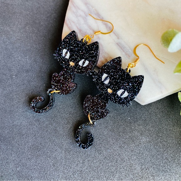 Black Cat Earrings Glitter Acrylic Earrings - Picture 6 of 9